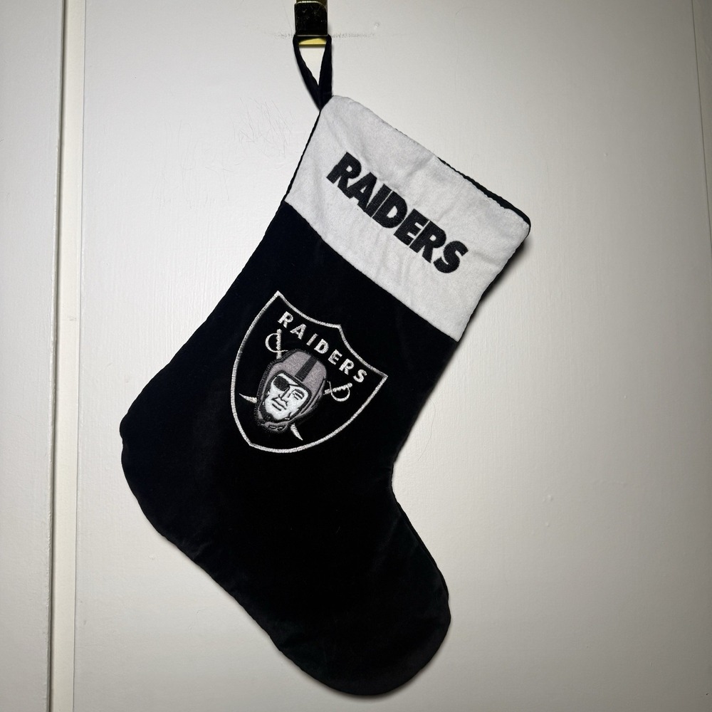 Vintage NFL Raiders Football Stocking Christmas Holiday Black And White
